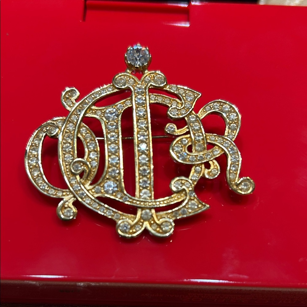 Vintage Elegant DIOR Gold Brooch with Crystal Accents